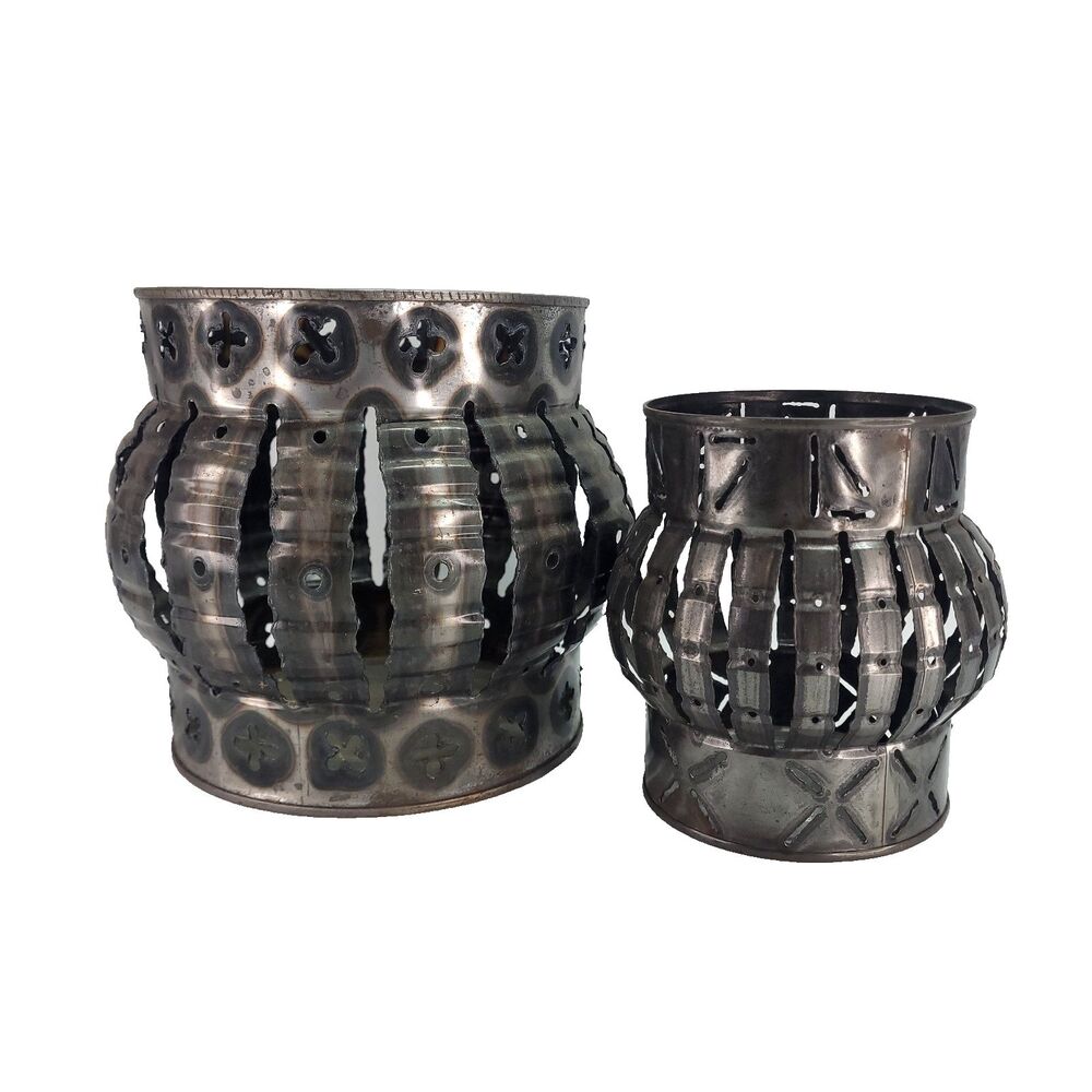 VTG Tin Can Luminary Candle Holder Set 6.5" 4.5" Metal Folk Tramp‎ Art OOAK